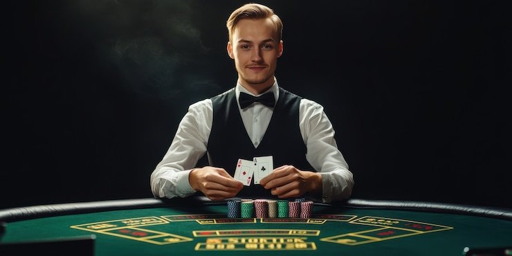 Suasana meja kasino langsung dengan dealer profesional di ayucasino
